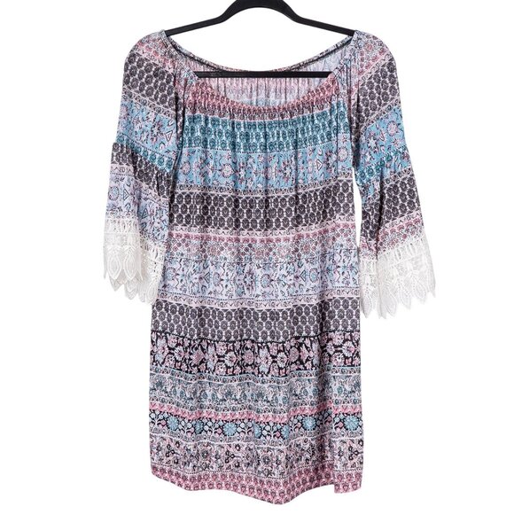 west loop Tops - West Loop Peasant Blouse M Womens Long Lace Sleeves Floral Blue Pink Black